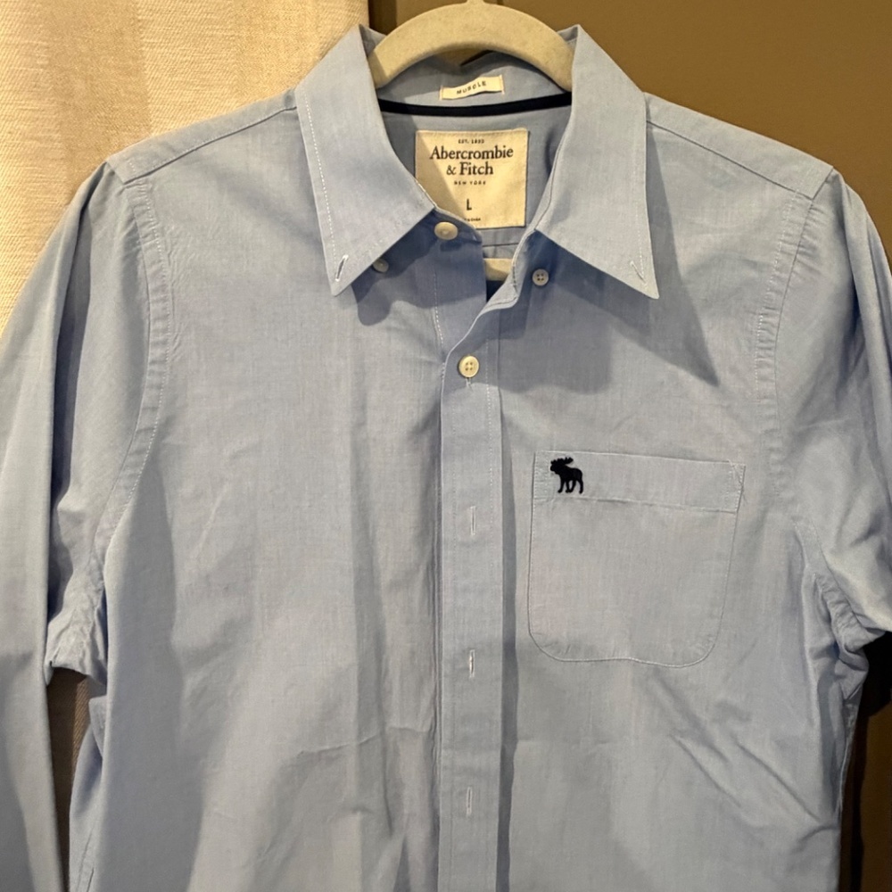 Abercrombie & Fitch Men's Light Blue Muscle Button Down Shirt, Size Large - Picture 2 of 11